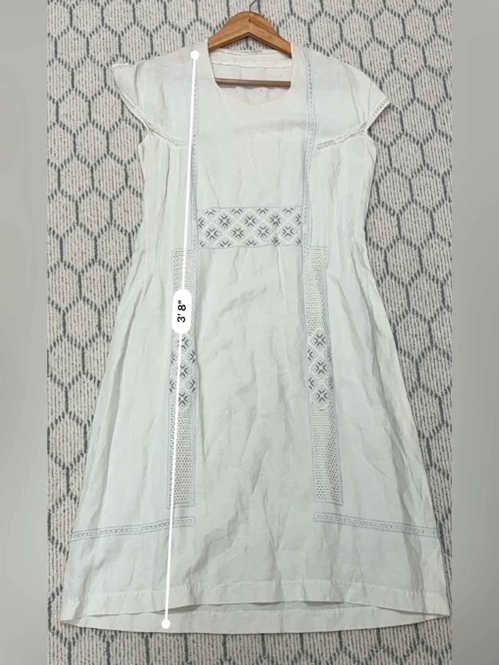 1920’s Antique Hand Embroidered Linen Chevron Lace Cottagecore Cream Lawn Dress - Picture 14 of 16